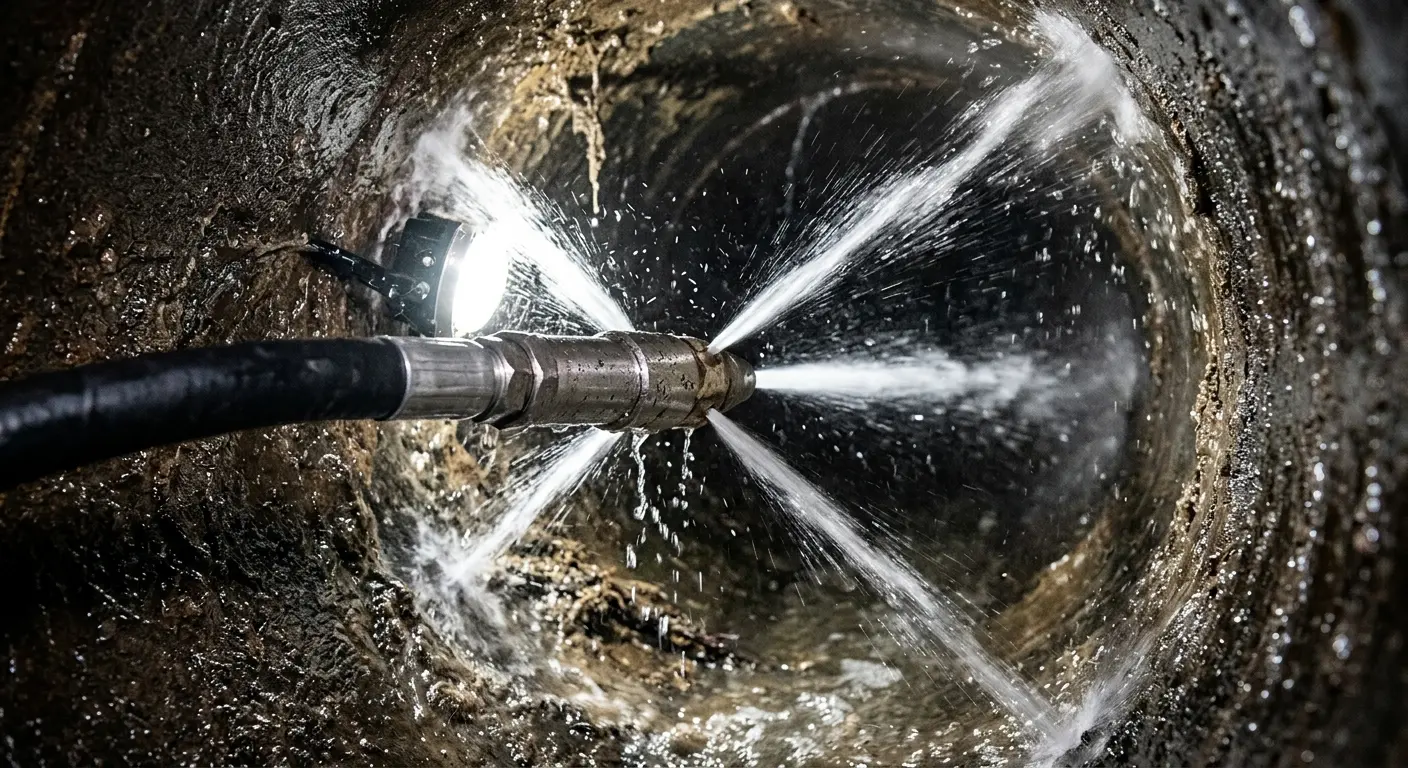 High-pressure hydro jetting nozzle cleaning sewer pipe for Sewer Cleanout in Bellflower