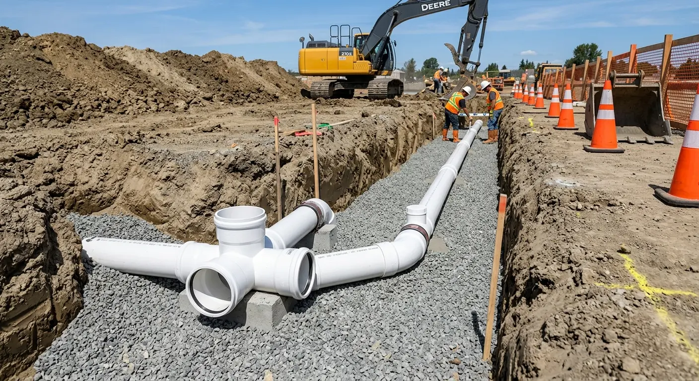 New PVC sewer pipe installation in open trench for Grease Trap Cleaning in Bellflower