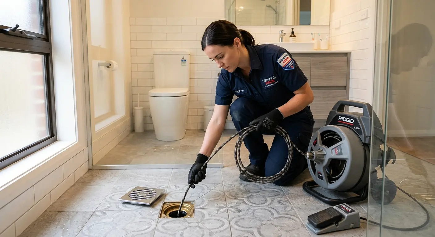 Technician clearing a bathroom floor drain for Hydro Jetting in Bellflower